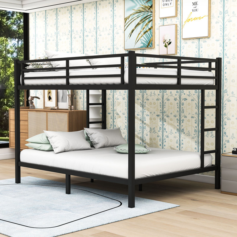 Queen Over Queen Metal Bunk Bed With Side Ladder And Guardrails