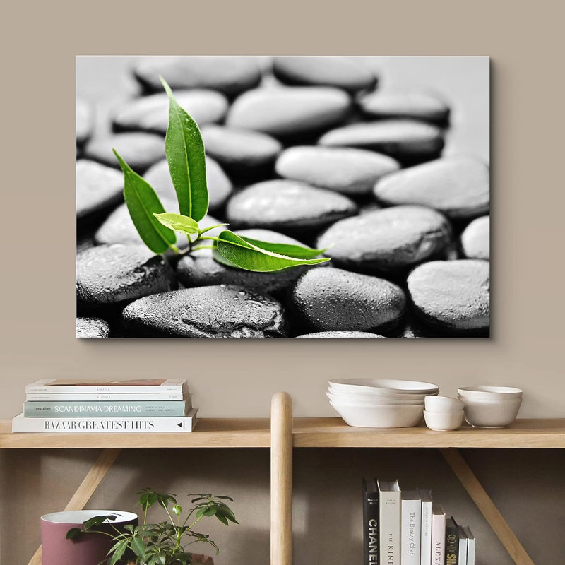 Méditation zen, plage noire, galet vert, forêt, plante, nature sauvage, sur toile, H 12 po x l 18 po x P 1,5 po