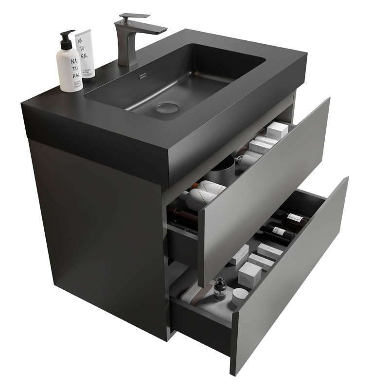 Meuble-lavabo mural simple de 30 po avec comptoir à surface solide avec trop-plein, pré-assemblé, Gris espace, 30", Noir mat