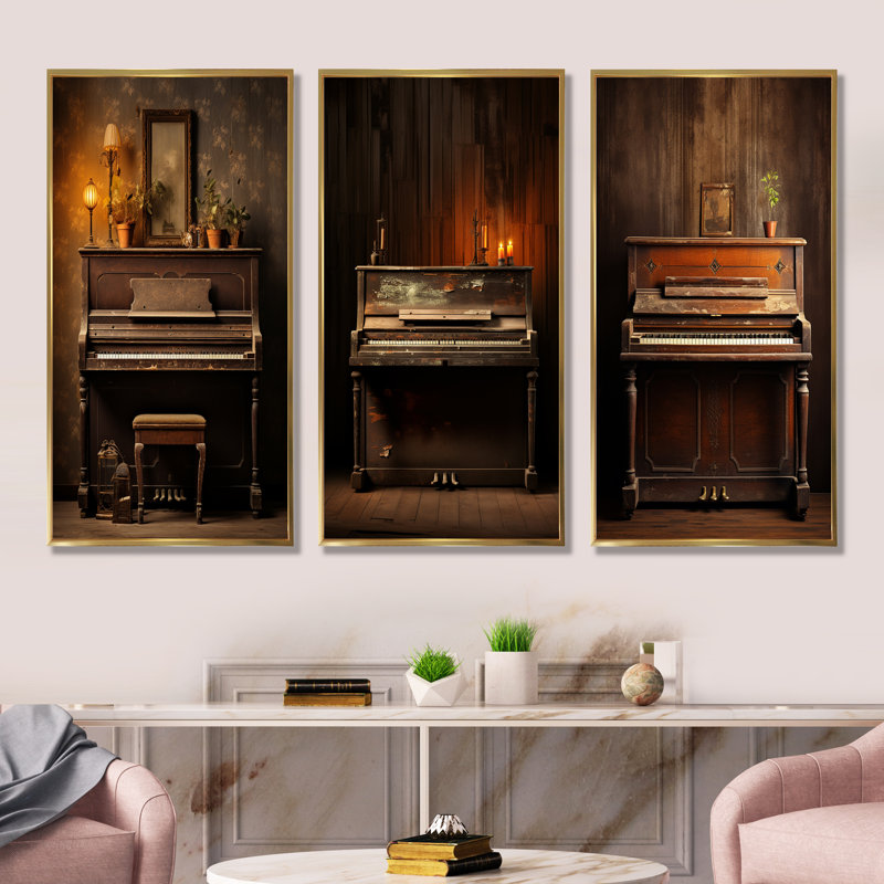 «Vintage Piano Rustic Melody - Music Piano», ensemble d'art mural sur toile, Cadre flottant doré, H 32 po x l 48 po
