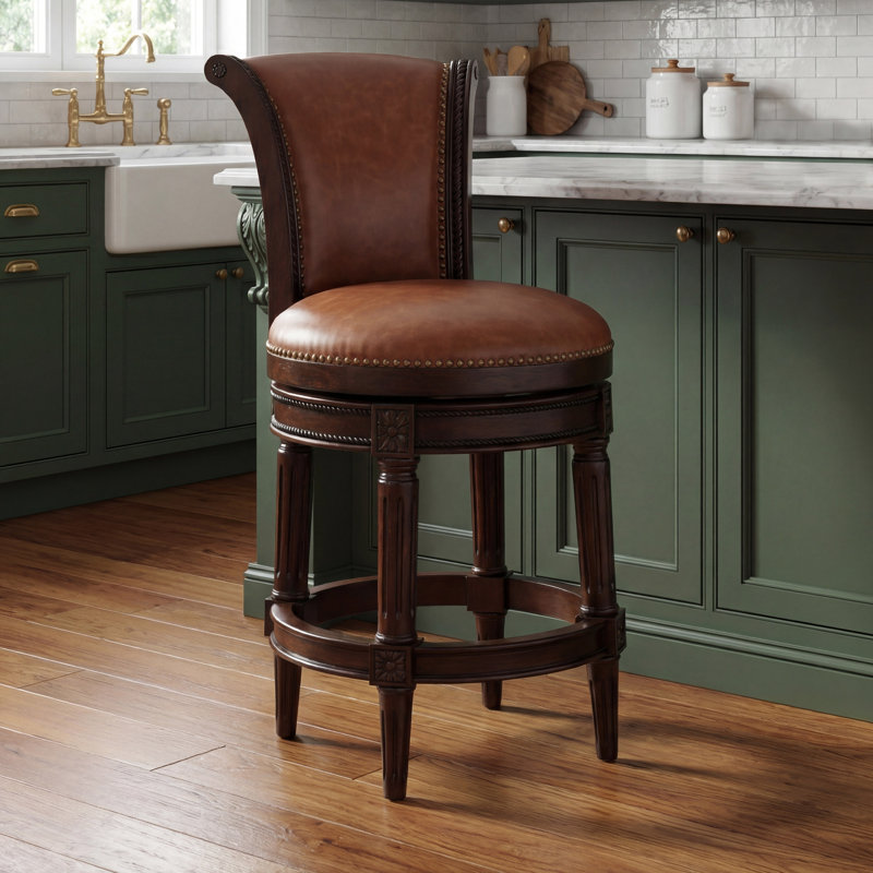 Ted Solid Wood Swivel Bar Stool, 1, Camel Faux Leather Seat/Walnut Frame, Counter Stool (26" Seat Height)