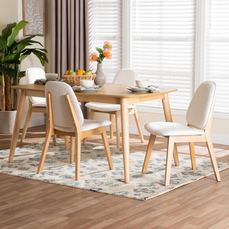 Baxton Studio Jennica 5-Piece Dining Set - Solid Wood Rectangular Table With Boucle Upholstered Chairs, Mid-Century Modern Dining Furniture For Kitchen Or Dining Room, Natural And White