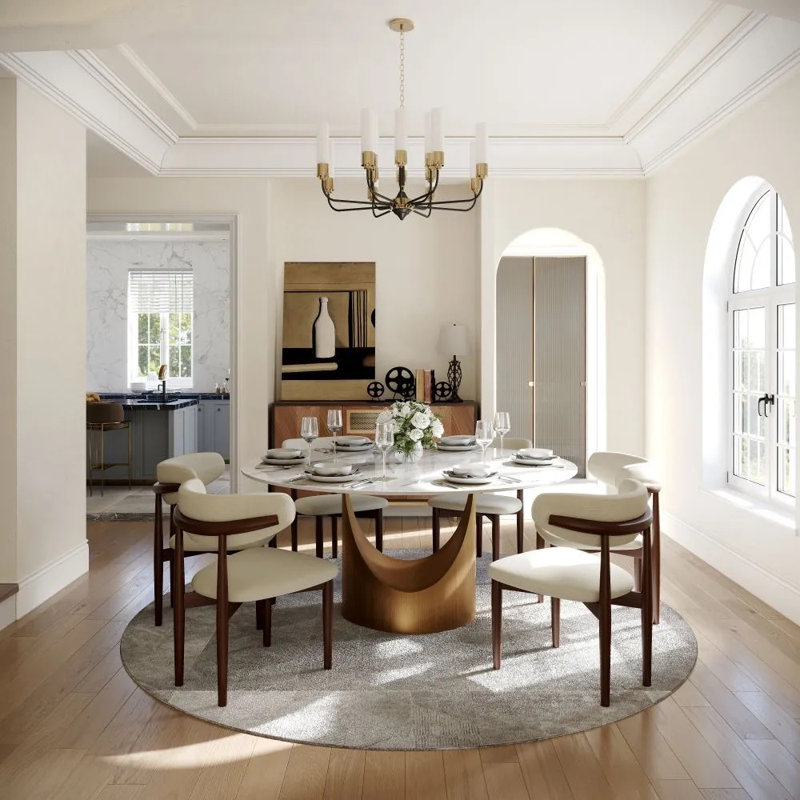 Modern 5/7 Pieces Dining Room Sets, Pre-Assembly Round Dining Table Sets, Sintered Stone Tabletop Kitchen Dining Table Set With Upholstered Chairs