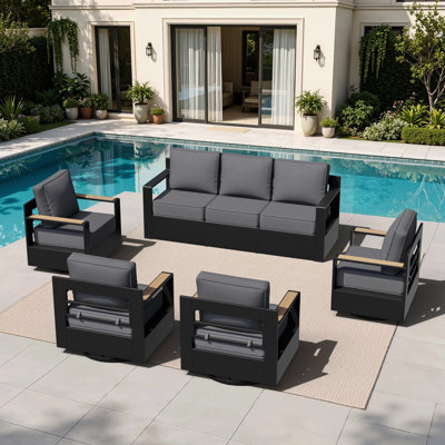 Ensemble de mobilier d'extérieur 5 pièces, canapé 3 places et 4 chaises pivotantes avec coussins gris