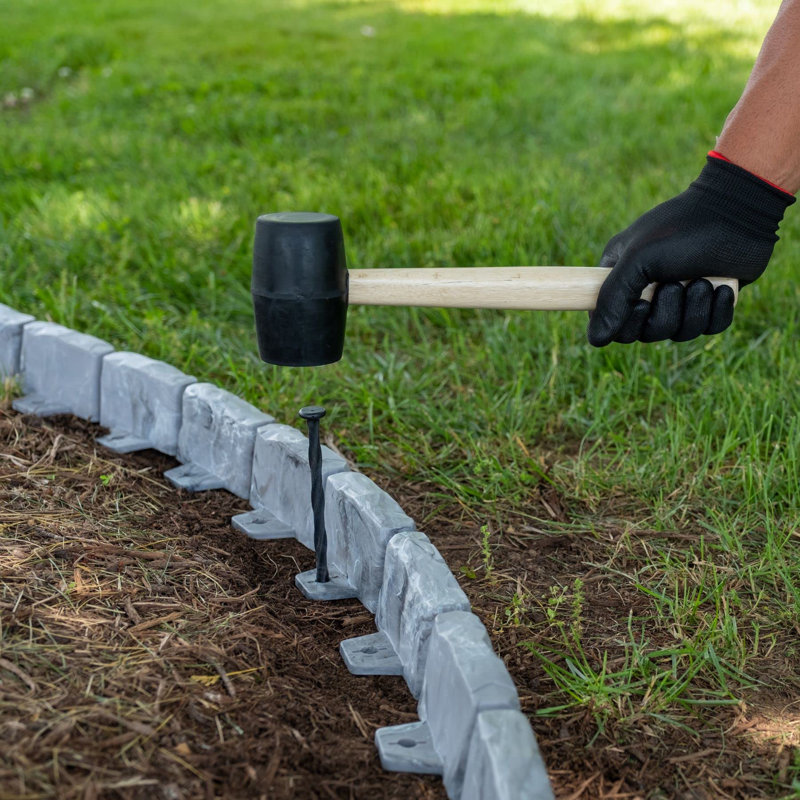 No-Dig Landscape Edging With Anchoring Spikes, 2.7 In Tall Decorative Stone-Look Garden Border, 15 Foot Kit