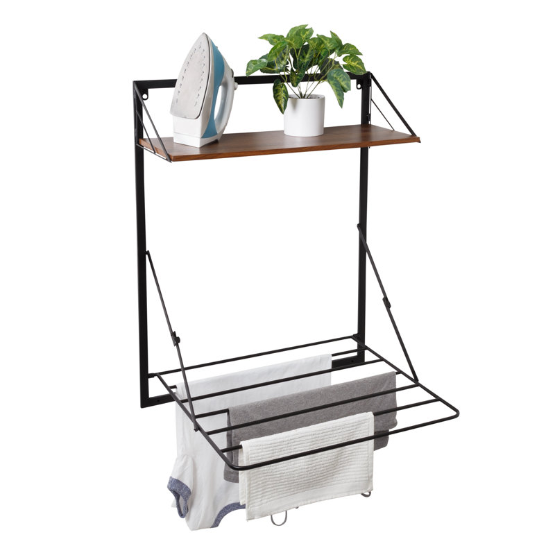 Black and Walnut Wall-Mounted Drying Rack with Shelf