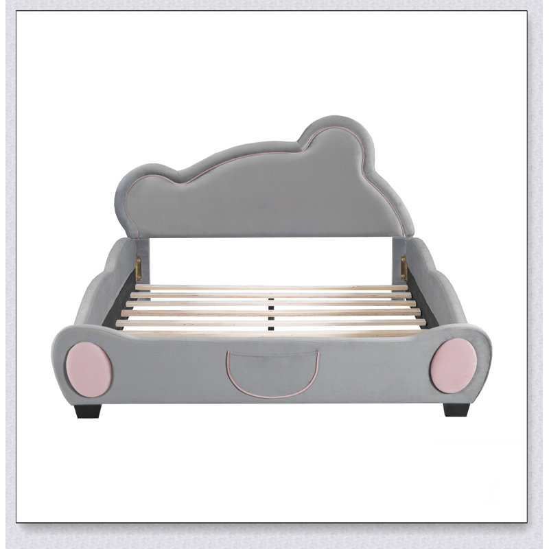 Lit plateforme en velours avec tête de lit en forme d'ours et poche de rangement pour le lit, Gris, Double