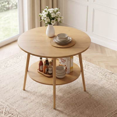 Table de salle à manger ronde Mid-Century, étagère de rangement ouverte à 2 niveaux, table de salle à manger compacte 31,49 po pour petit coin-repas, table de salle à manger en bois aggloméré avec capacité de poids de 200 lb