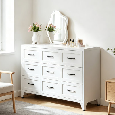 Commode de rangement à 9 tiroirs Dresser, structure en acier robuste avec glissières silencieuses, organisateur de chambre blanc à profil bas pour placard, couloir et entrée