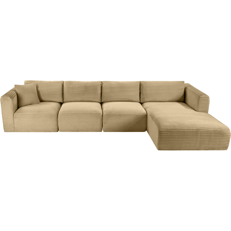 Canapé modulaire en L Carmean Performance, Velours côtelé texturé Camel, 2 accoudoirs, 1 méridienne, 1 coin