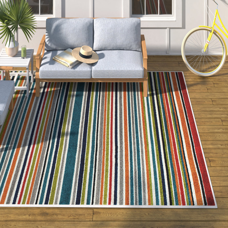 Tapis intérieur / extérieur turquoise rayé Iredell, Rectangulaire 2 pi 2 po x 7 pi 3 po
