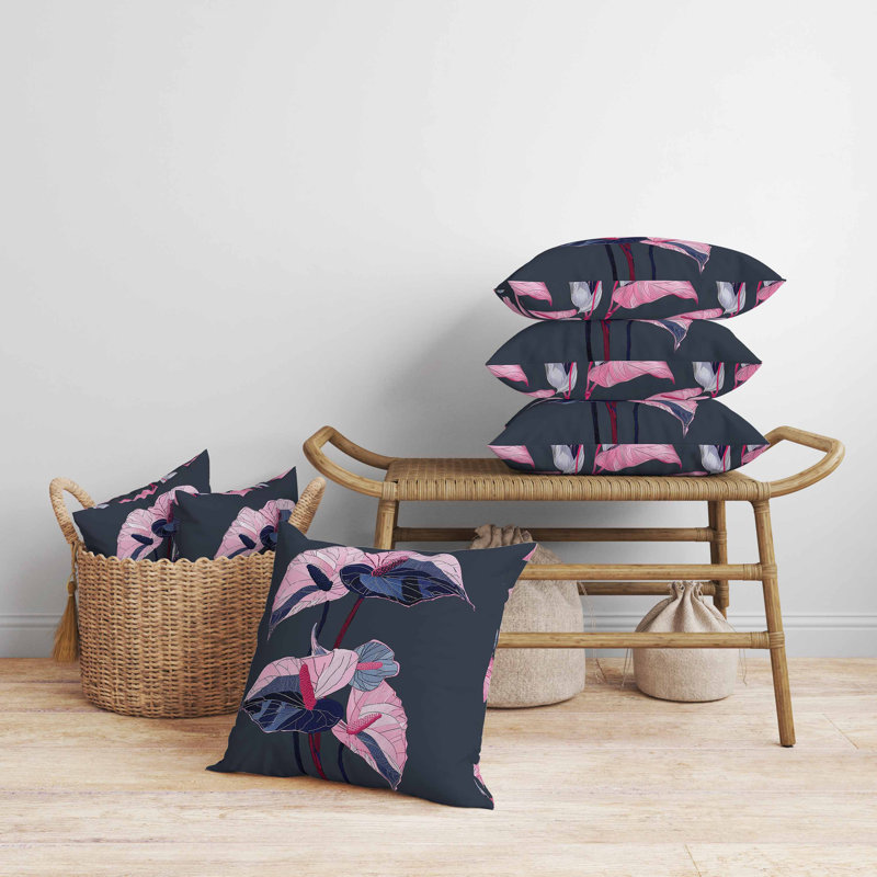 Oreiller en faux suède Anthurium Bloom, Rose / Gris, Carré 26 po