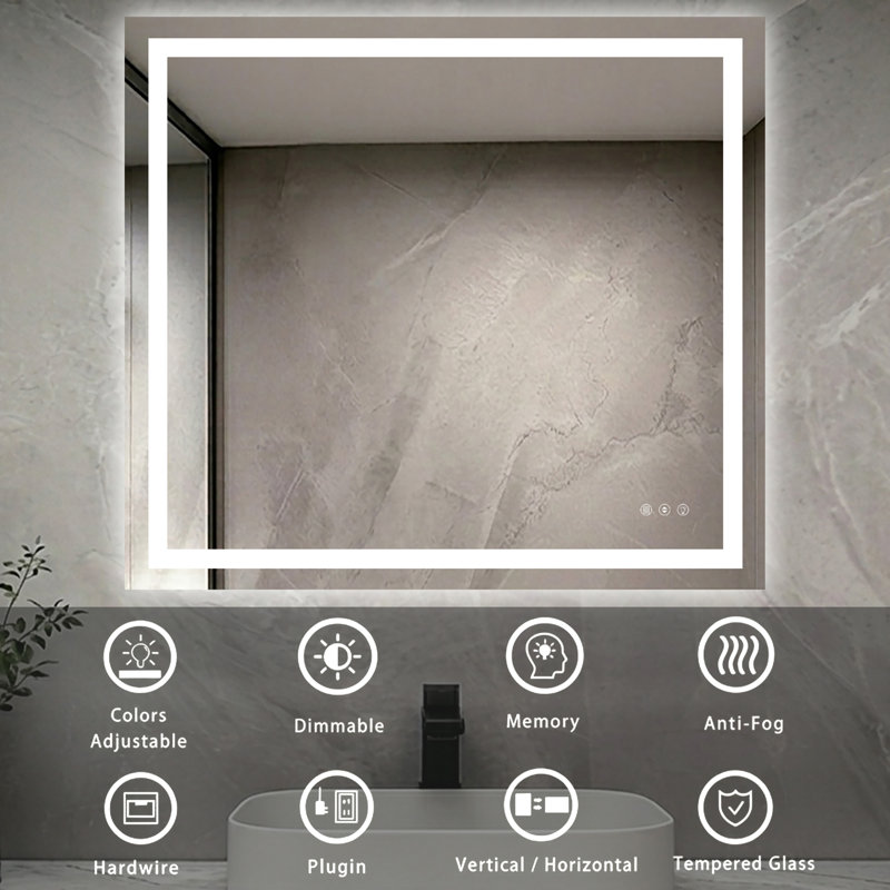 40" X 36" LED Bathroom Mirror With Dimmable Light Anti-Fog Lighted Vanity Mirror With 3 Color Modes, IP44 Waterproof Horizontal/Vertical Mount