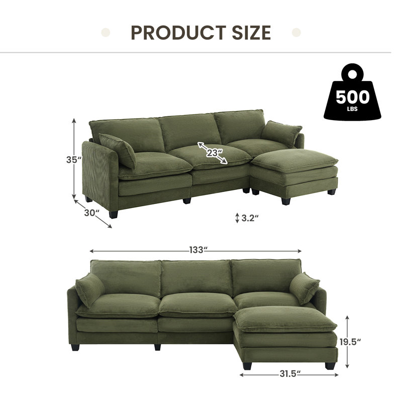 Corduroy 3-Seater L-Shaped Sectional Sofa With Movable Ottoman, Green Polyester Blend