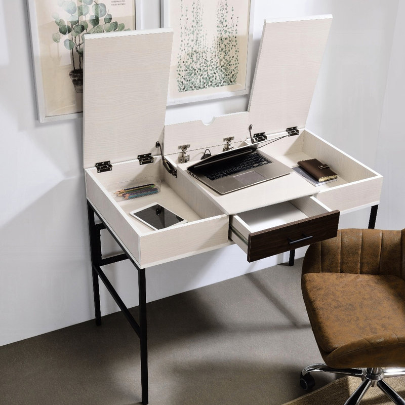 Bureau d'écriture attrayant avec port et option de rangement, tiroir noir / naturel, noir naturel