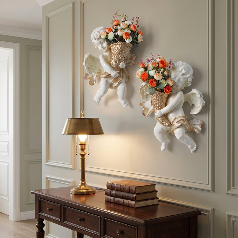 Ensemble de décoration murale 3D en résine ange - Sculptures de chérubins fabriquées à la main avec corne d'abondance dorée, art rétro pour le salon, la salle à manger et le café