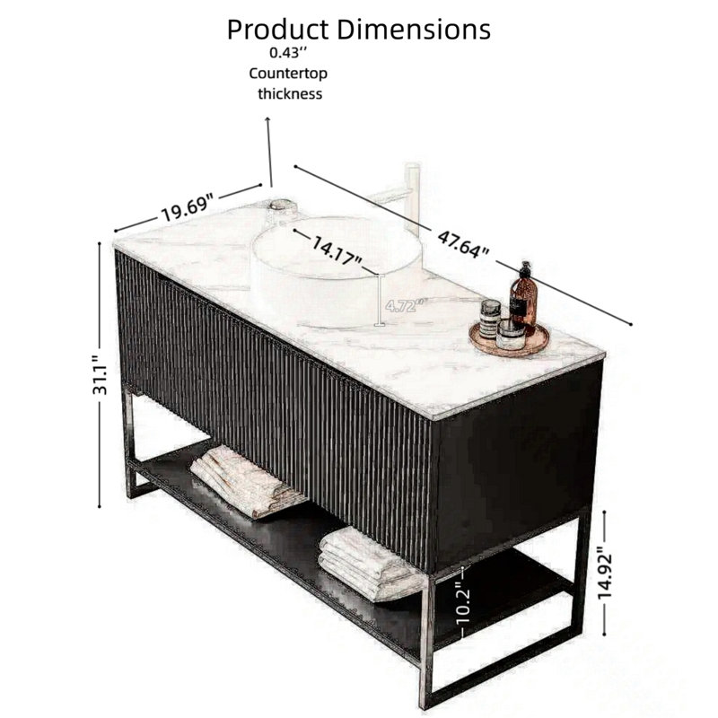 Meuble-lavabo moderne de 48 po avec lavabo vasque en céramique blanche, plateau en pierre frittée, portes à fermeture en douceur