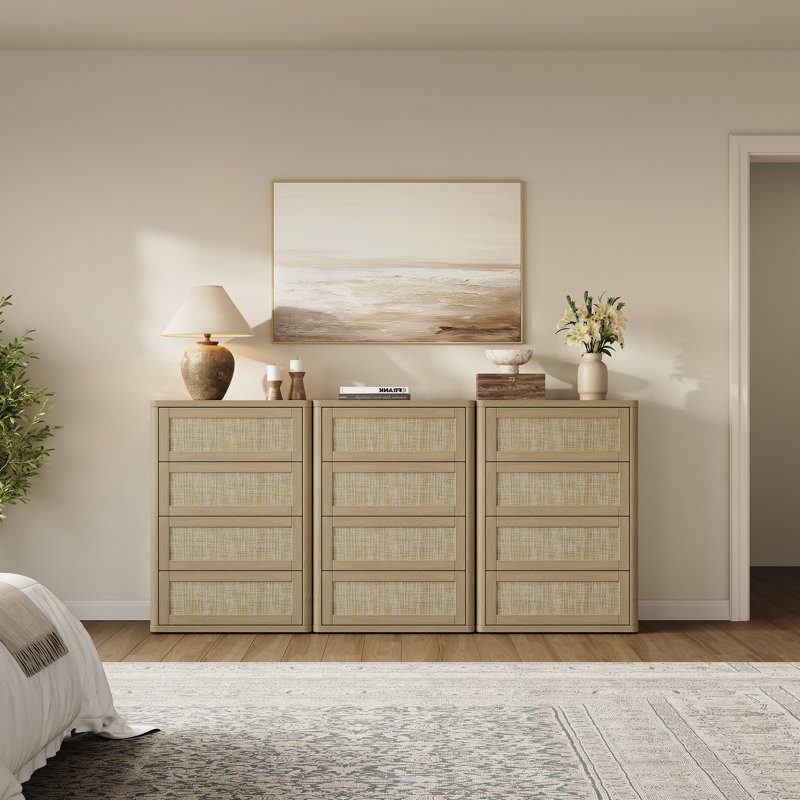 Commode 4 tiroirs Consiglia Boho-Rattan, Chêne ambré