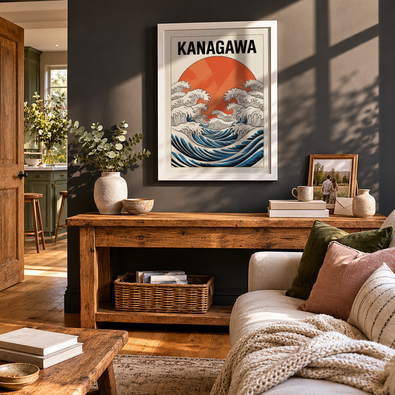 Kanagawa Wave And Sun Japandi - Print, A3 - 42.0 x 29.7 cm, White