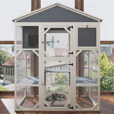 Enceinte d'extérieur pour chat en bois gris avec dessus imperméable, 3 plateformes et 2 cages pour animaux de compagnie