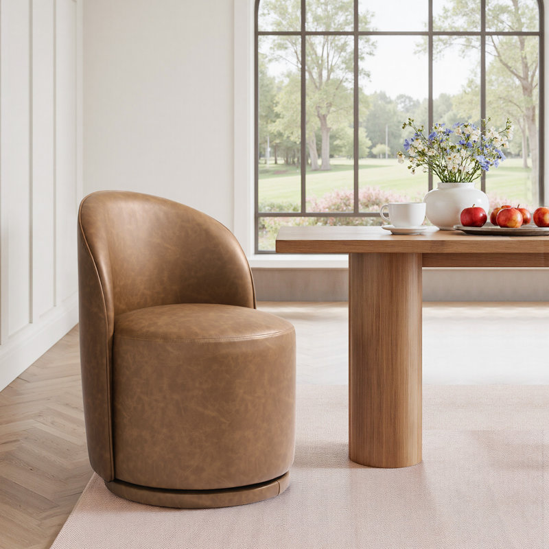 PU Leather Barrel Swivel Armless Dining Chair, Brown