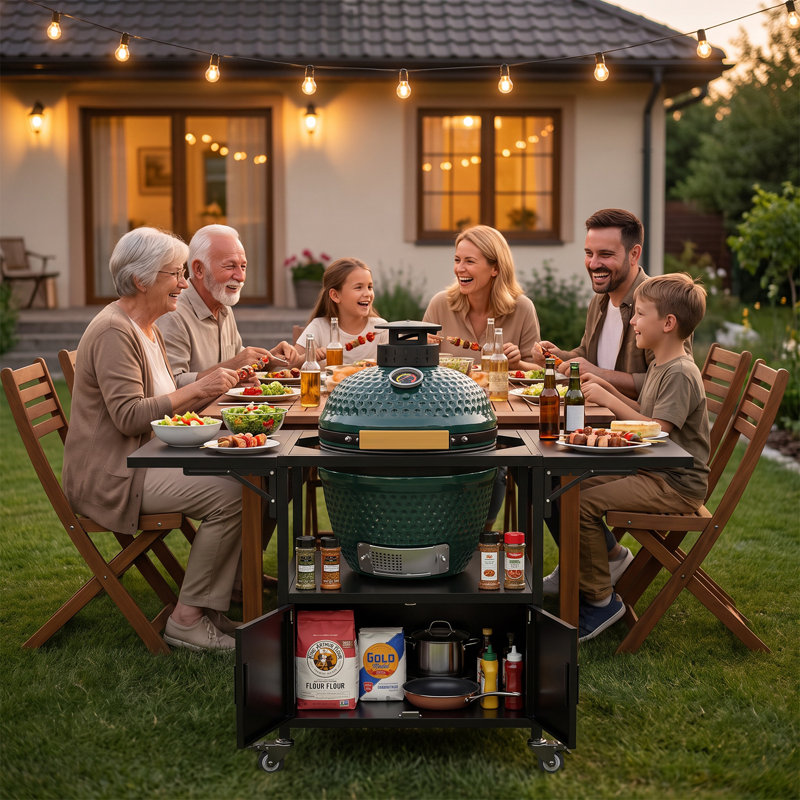 Support de gril compatible avec Big Green Egg et Kamado Joe Jr, tables de préparation à double face, rangement multi-usage robuste, capacité de 130 lb, structure en métal, housse anti-poussière incluse, assemblage extérieur facile