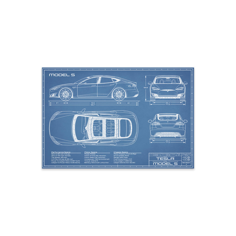 Tesla Model S (2016-2020), impression de plan sur verre acrylique, H 16 po x l 24 po x P 0,25 po