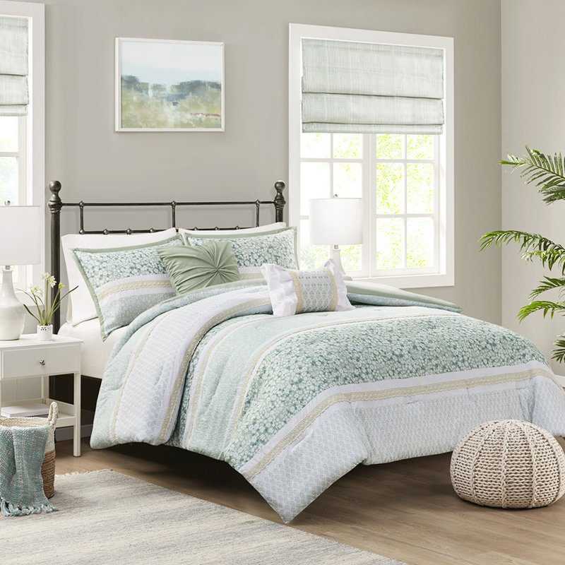 Édredon double / grand en seersucker avec coussins décoratifs - Ensemble de literie lavable à la machine à motif chic blanc imprimé 5 pièces Motifs floraux / botaniques 2