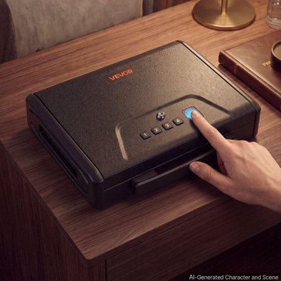 Coffre-fort portatif biométrique pour pistolet, avec lecteur d'empreintes digitales, idéal pour table de nuit, voyage ou voiture. Accès rapide sur 3 voies. Construction robuste en acier épais. Poignée de transport et mode silencieux (en option). Couleur : noir.