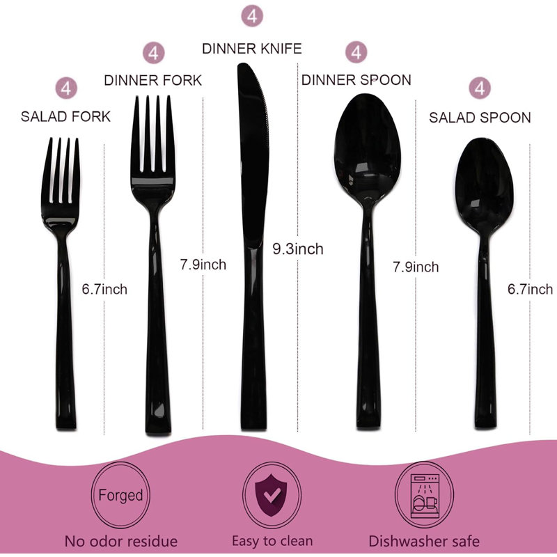 20 Piece Black Cutlery Set, Black