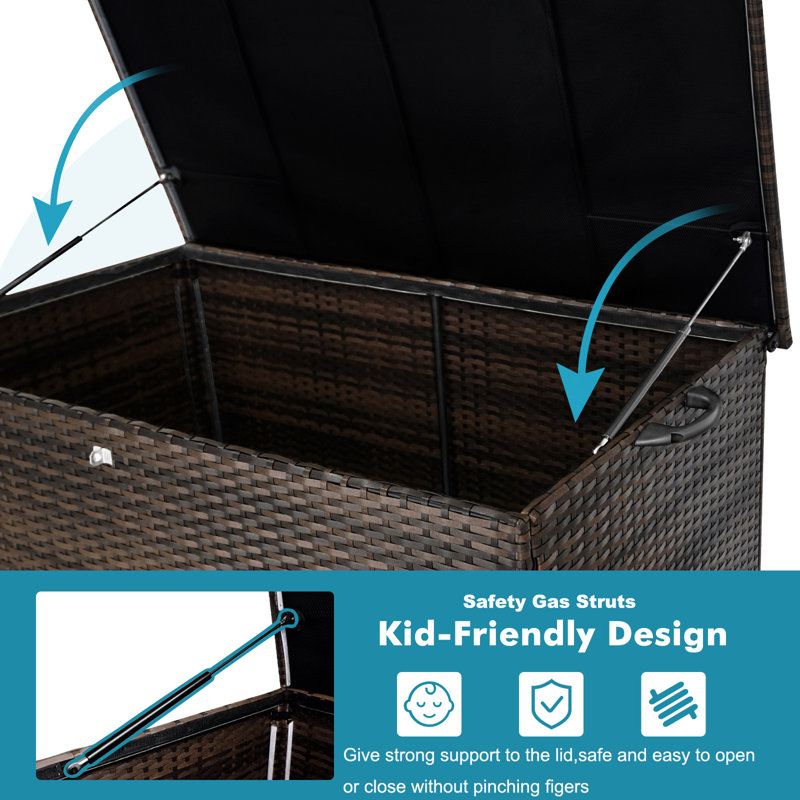 120 gallon Wicker Storage Box with Waterproof Polyester Liner, Gas Struts, Galvanized Steel Frame, Easy Assembly for Indoor & Outdoor Use