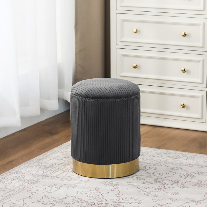 Tabouret de rangement rond, Sergé de coton noir, Or