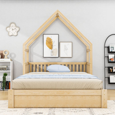 Queen Wood House Platform Bed with 2 Storage Drawers