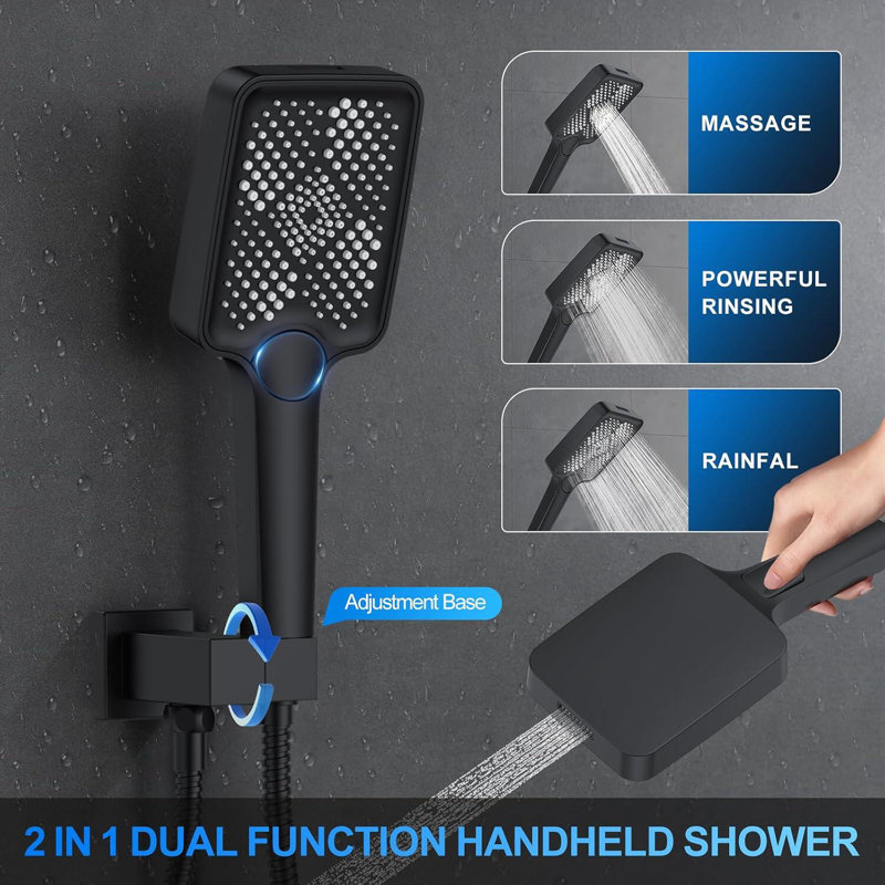 Ensemble de robinet de douche noir mat avec système de douche de pluie au plafond 10 po avec tête supérieure de 10 po + robinet de douche à bouton-poussoir à poignée latérale 6 po
