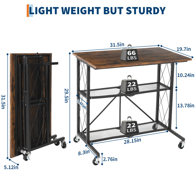 31.5 inch 3Tier Foldable Desk with Wheels, Large Capacity Shelving Unit, Freestanding Metal Wire Shelf Rack, No Assembly Organizer Rack for Study Room,Kitchen,Living Room,Balcony