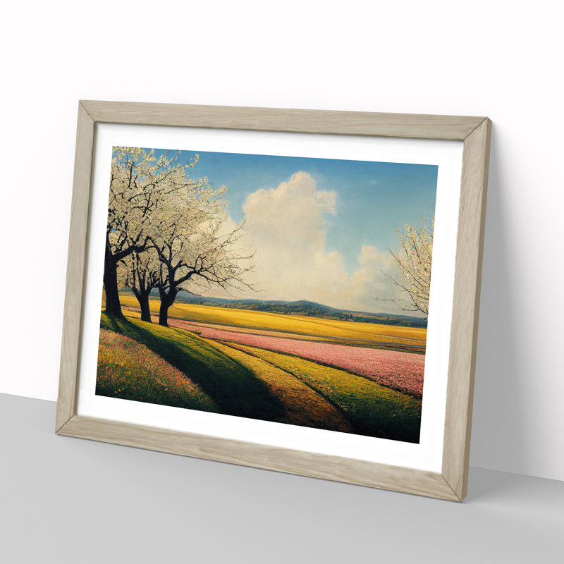 Incomparable Spring Meadow Landscape - Single Picture Frame Print, 46cm H x 64cm W x 2cm D, Oak