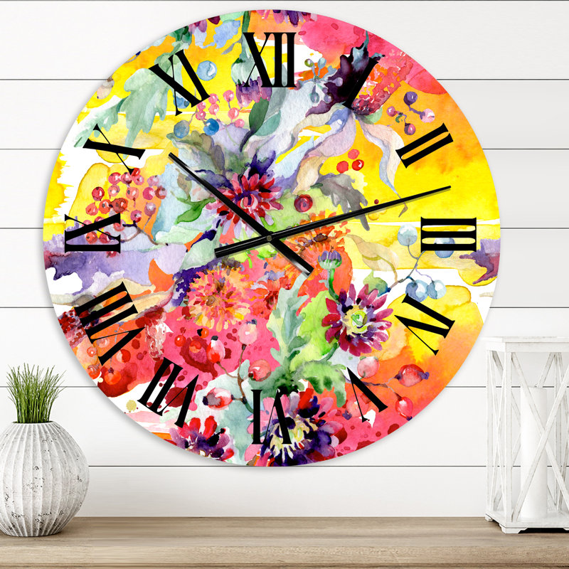 Vibrant Wild Spring Leaves and Wildflowers - Horloge murale moderne, Surdimensionné