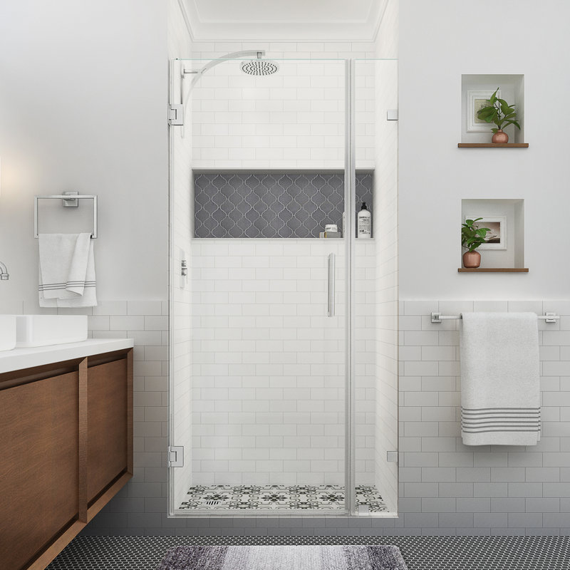 Nautis XL 32.25 - 33.25 in. W x 80 in. H Hinged Frameless Shower Door with Clear StarCast Glass, Stainless Steel