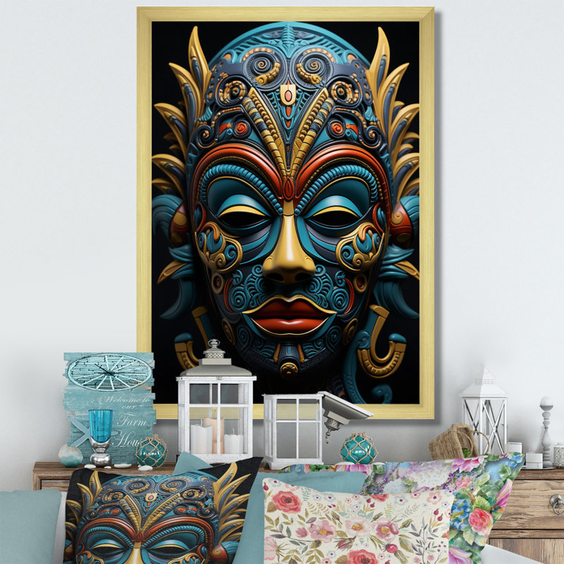 «Jeimi African Masked Splendor II», art mural africain, Cadre doré simple, H 44 po x l 34 po x P 1,5 po