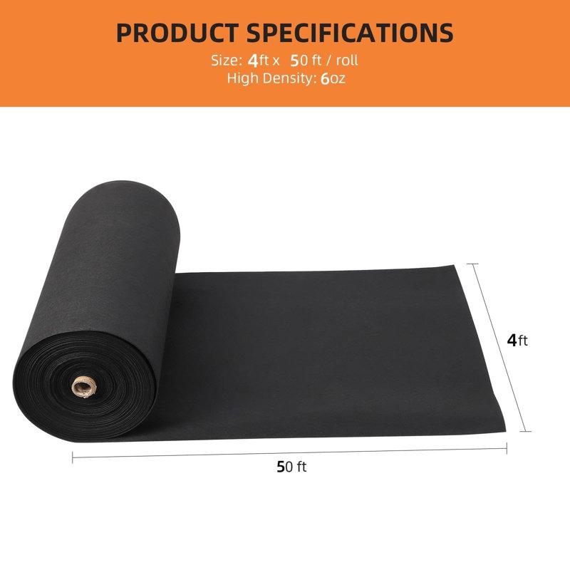 Heavy Duty Geotextile Landscape Fabric – Durable Weed Barrier for Driveway & Garden – UV Resistant, 6oz Non-Woven PP, 350N Strength, 440N Load – USA Spec – Size: 4FT x 50FT, 6.0OZ (1.22m x 15.24m)