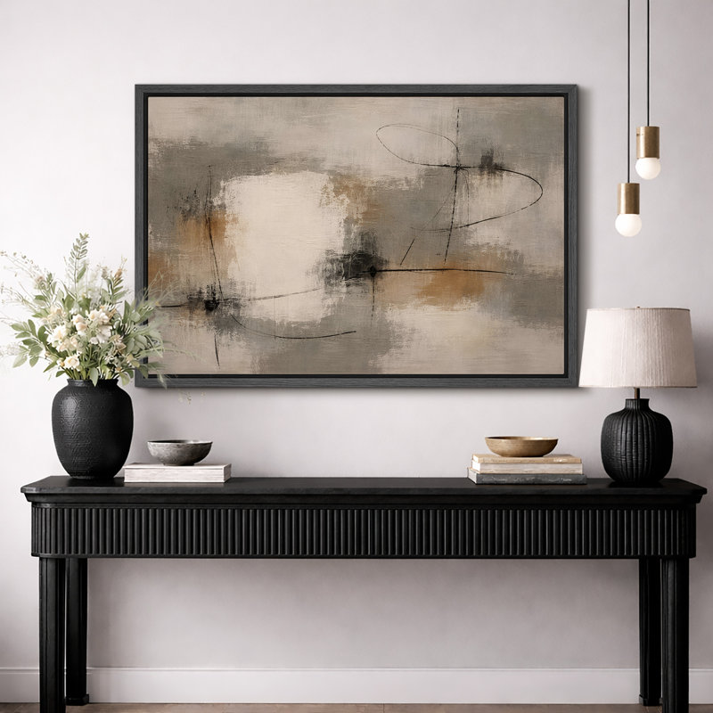 Soft Neutral Abstract Artwork with Linear Black Accents, Living Room Pictures, Framed Canvas Giclee Print Wall Art