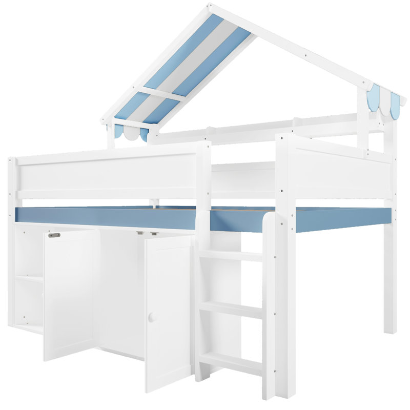 Lit mezzanine double blanc et bleu avec auvent, structure en bois, grand espace de rangement pour équipement de jeu avec toit à baldaquin, construction, accessoires de chambre à coucher