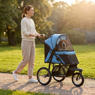 Poussette 3 roues pour petits chiens et chiens de taille moyenne avec auvent réglable, sangle de sécurité, panier de rangement, bleu