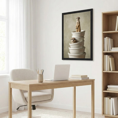 Toile noire encadrée en bois noir pour le salon, la chambre à coucher, le bureau ou le vestibule - décoration murale décorative avec pile de suricate