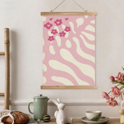 Reproduction de zèbre rose, art mural à volutes suspendues, cintre en bois intégré, 16 x 24