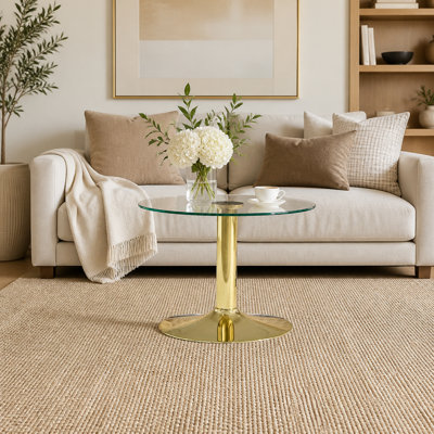 Table basse ronde en verre trempé avec base en métal doré