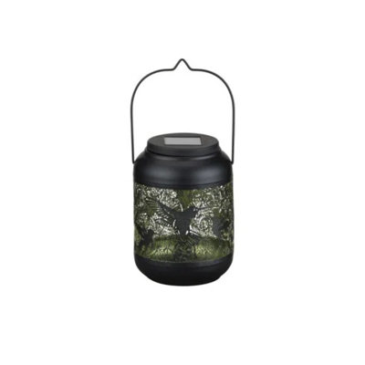 9" Inch Metal Solar Powered Outdoor Shadow Lantern with Decorative Cutout Patterns and Hanging Handle