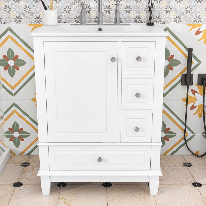 Meuble-lavabo autoportant avec lavabo en céramique 3 tiroirs et armoire de rangement, Blanc