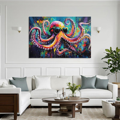 Octopus Canvas Wall Art Funny Marine Life Picture Modern Graffiti Painting Ocean Prints Living Room Bathroom Bedroom Home Office Wall Decor Framed