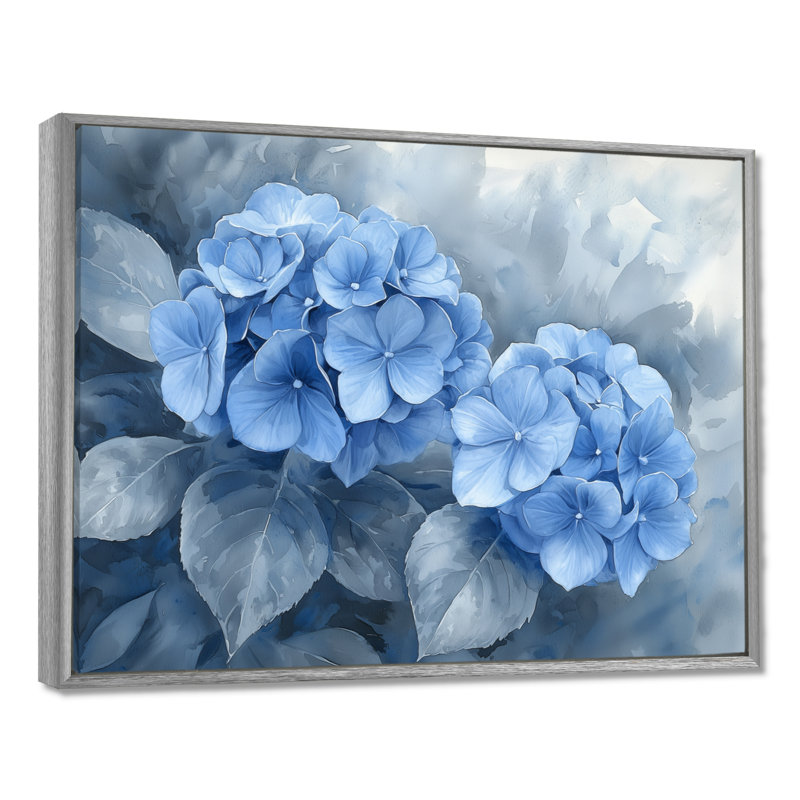 Hydrangeas In Greyscale Garden II - Hydrangea Framed Canvas Print, 34" H x 44" W, Floater Framed Print, Silver